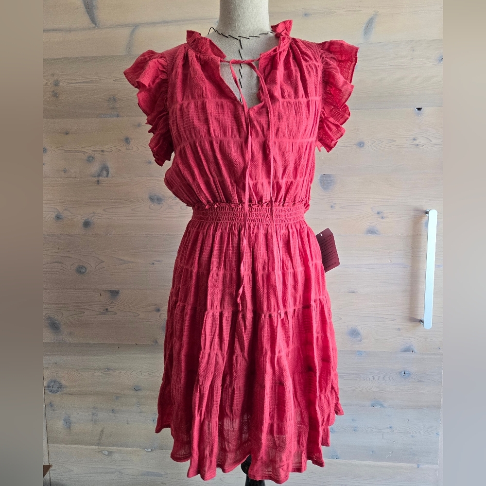NWT Max Studio Ruffle Sleeve Tie Neck Cotton Lined Mini Dress Sz M